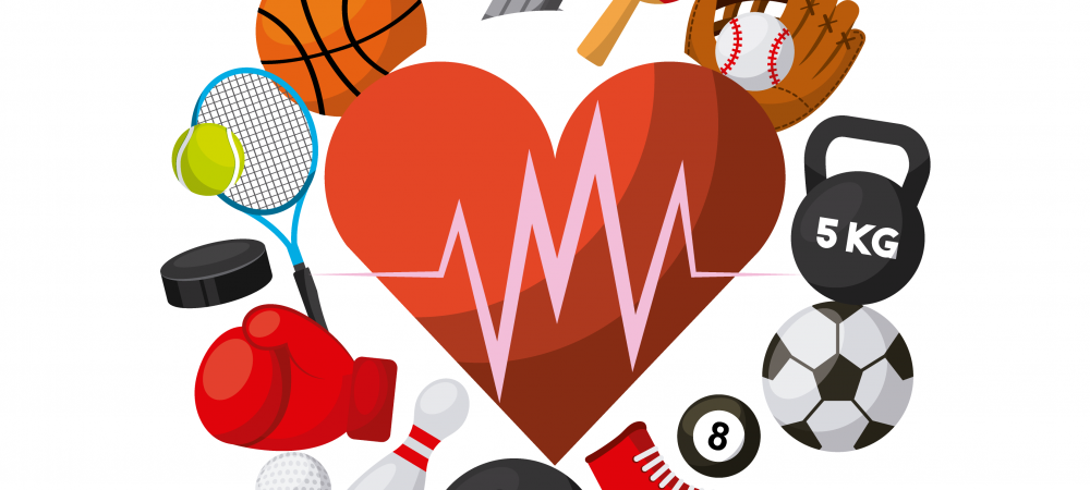 Cartoon rendering of a heart surrounded by various sports equipment.