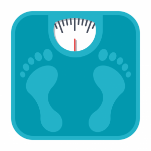 Cartoon rendering of a bathroom scale with foot imprints.