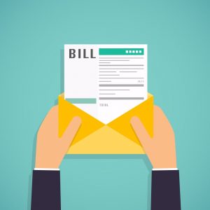 Cartoon rendering of a bill sticking out of an envelope held by two hands.