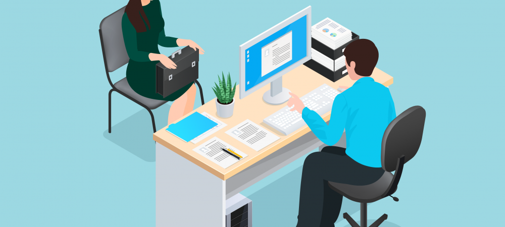 Cartoon rendering of a woman sitting across from a man at a desk during a job interview.