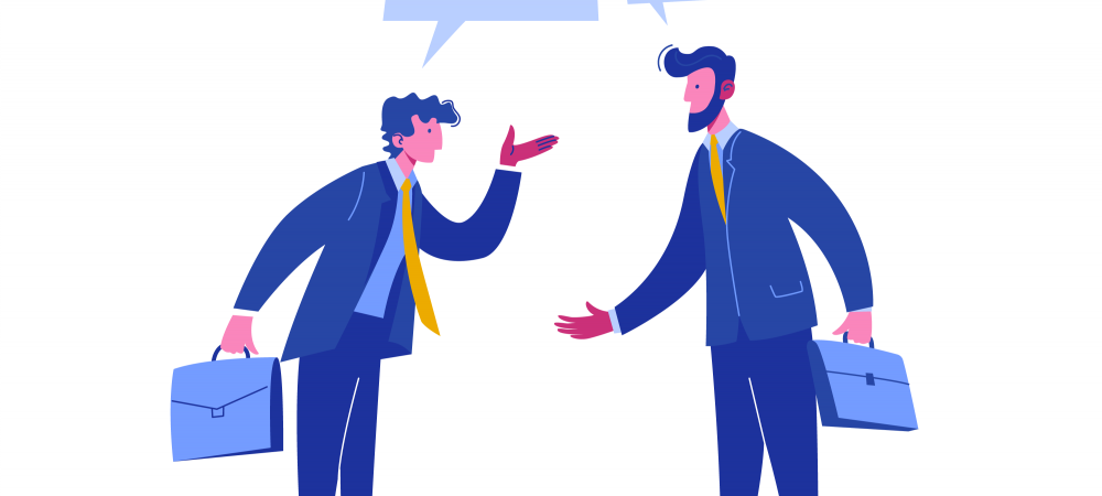Cartoon rendering of two men talking with speech bubbles.