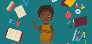 Cartoon rendering of a child surrounded by a circle of school supplies.