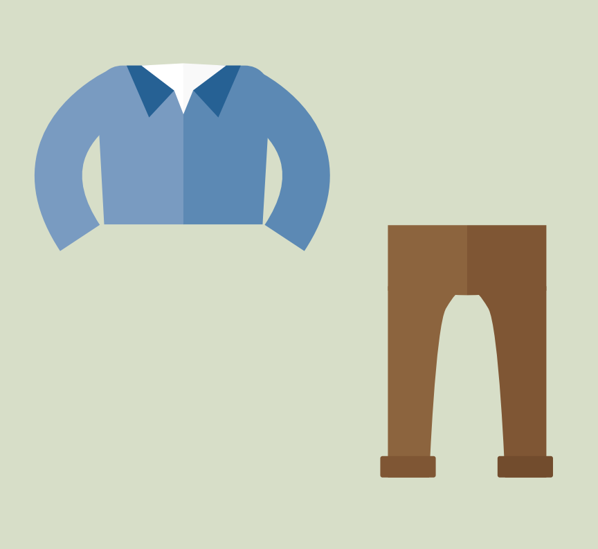 A shirt and pants are shown in the center of the image.