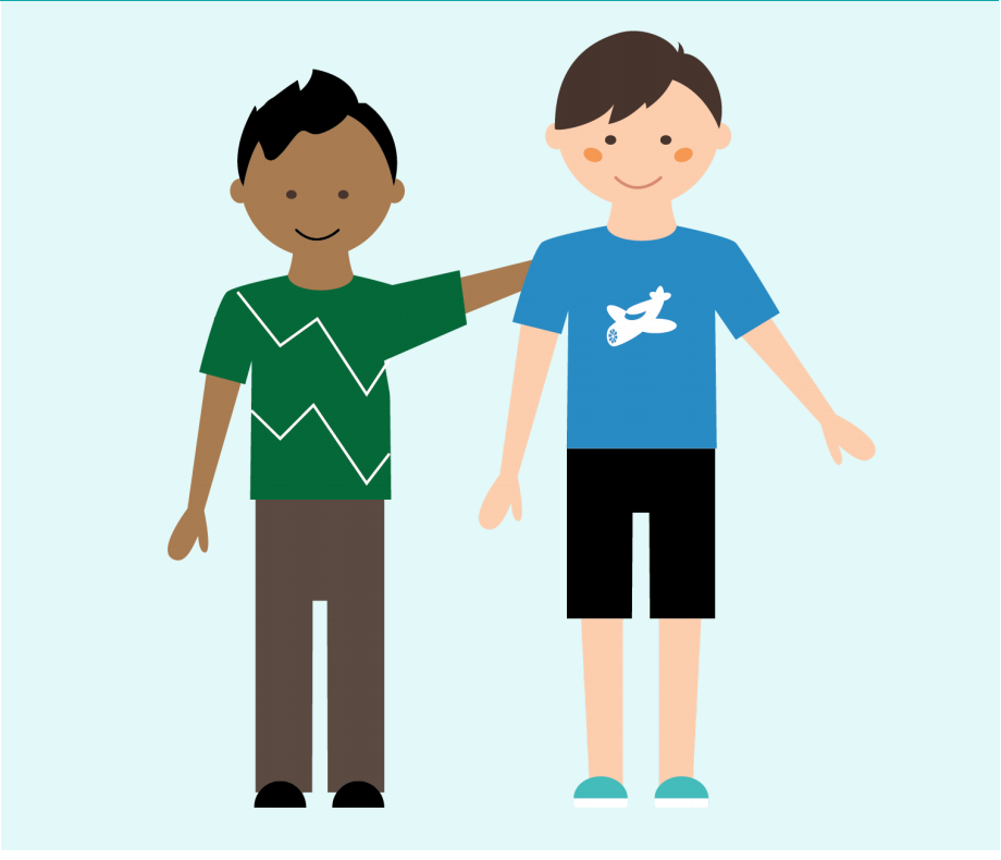 Two smiling boys stand together in the center of the image. One boy has his arm around the other boy,