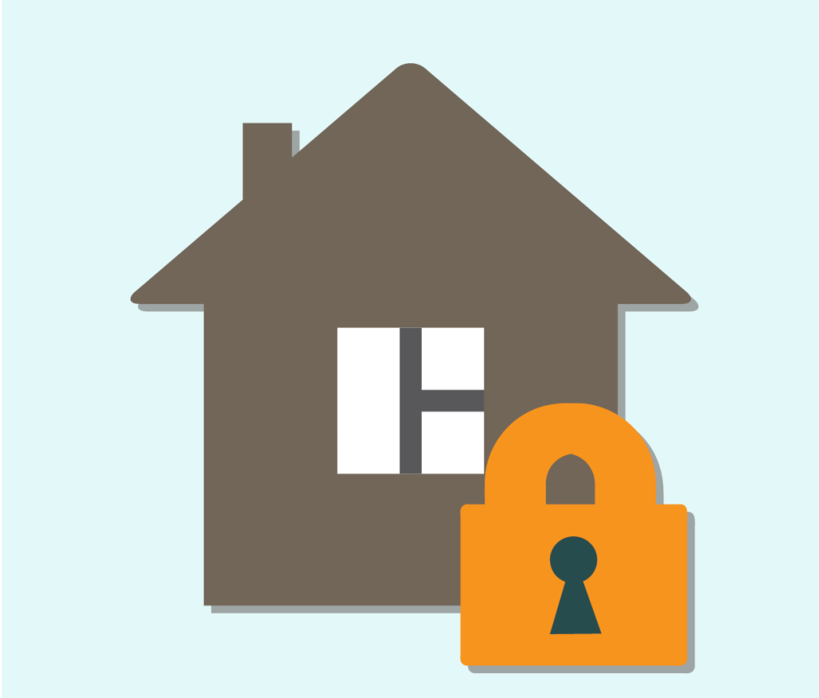 A cartoon of a house is shown next to a symbol of a lock in the center of the image.