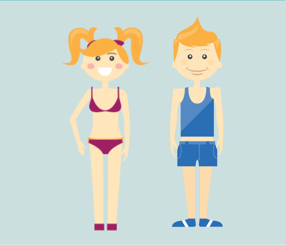 A girl and a boy stand wearing bathing suits in the center of the image.