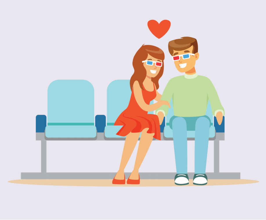 A woman and man sit next to each other at a movie theater wearing 3D glasses. A heart is shown above their heads.