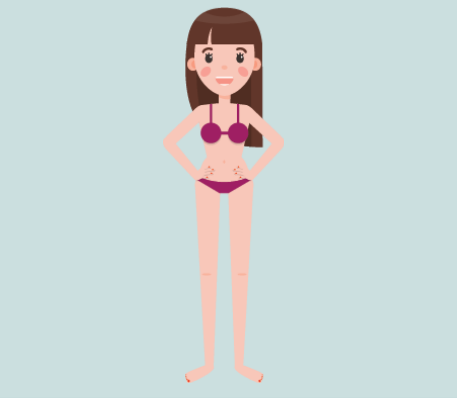 A smiling girl stands in the center of the image wearing a bathing suit.