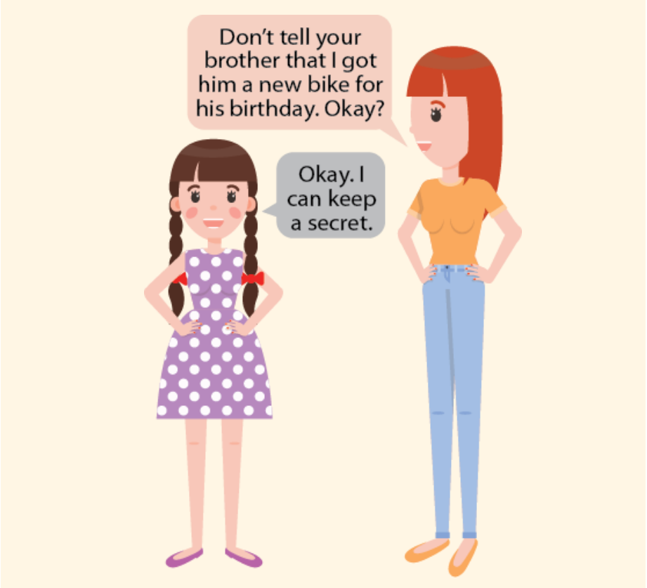 A mom tells her daughter not to tell her brother that he's getting a bike for his birthday. The daughter agrees not to tell.