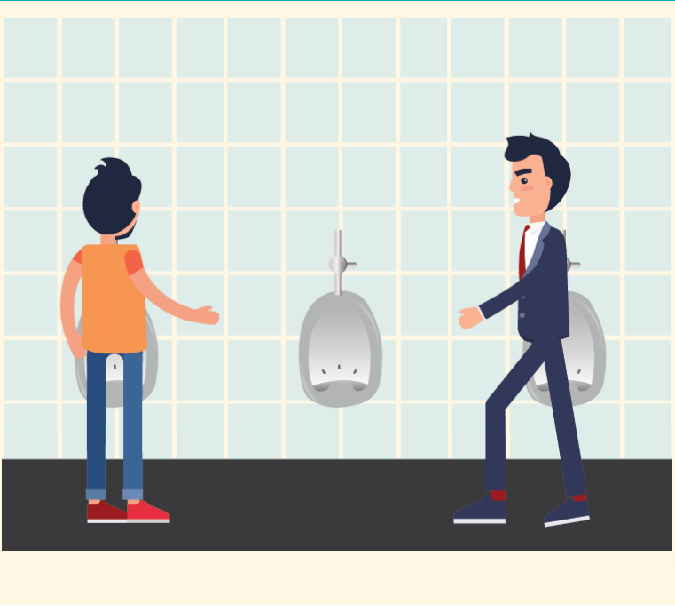Two men approach a set of three urinals in the bathroom and move toward the far left and far right urinals.