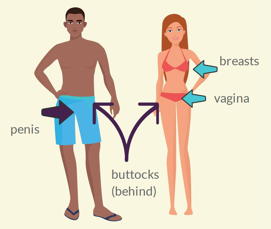 Arrows point to private parts on a man and woman (buttocks and penis on man; buttocks, breasts, and vagina on woman).