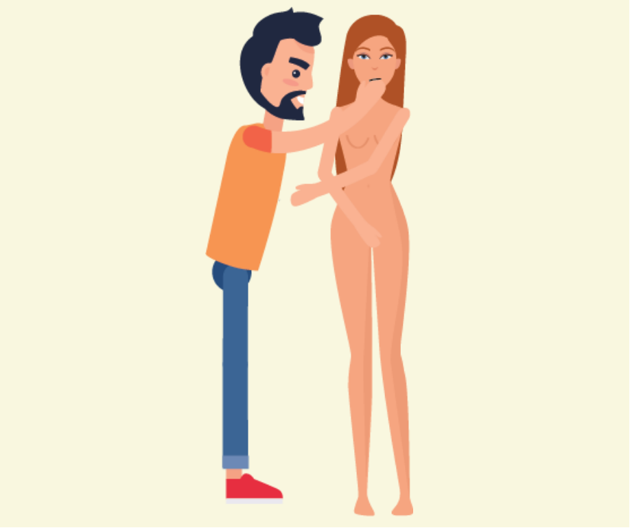 A woman not wearing clothes stands next to a man who puts his hand up to her face.