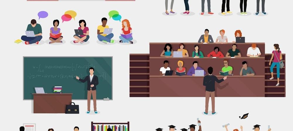 A graphic that depicts different aspects of college including a lecture hall, graduation, and doing work in the library.