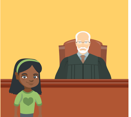 A young girl stands in front of a judge