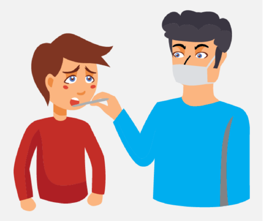 A man wearing a mask holds a thermometer in a boy's mouth.
