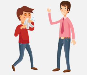 A sick boy coughing into a tissue is shown to the left of a man.