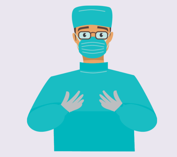 A doctor wearing a cap, mask, scrubs, and gloves.