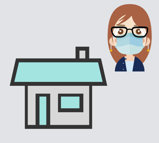 A woman wearing a mask is shown next to a house.