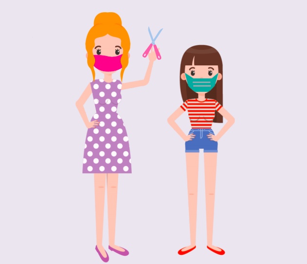 A girl wearing a mask standing next to a hairdresser wearing a mask and holding scissors.