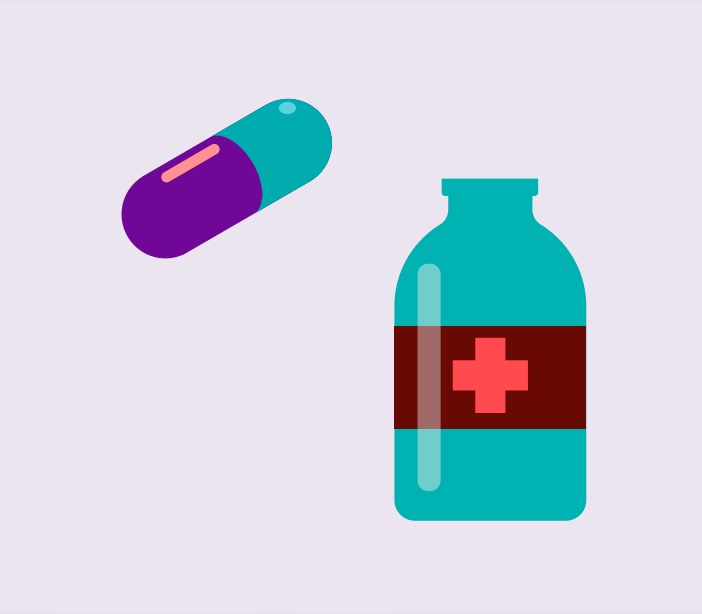 A cartoon rendering of a pill and medicine bottle.