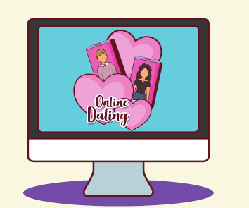 A computer with hearts and pictures on the screen and text saying 'Online Dating.'