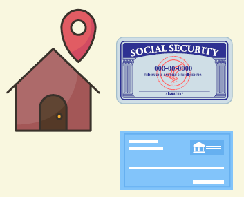 A house with a location symbol above it, a social security card, and a check.