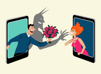 A man and a woman lean out of cell phones. The man is handing her flowers, but his shadow is a demon.