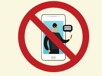 A phone has a picture of a man wearing a beanie and mask with a speech bubble. The phone has a red circle and line over it.